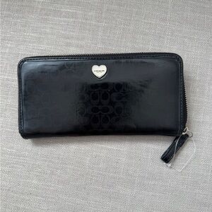 Coach Black Patent Signature Heart Zip Wallet